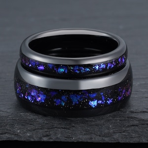 星雲リングセット、ブラックタングステンリング、宇宙リング、彼と彼女の結婚指輪セット、メンズとレディースの結婚指輪、記念日のギフト、4 mm 8 mm