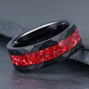 Hammered Ruby Ring, Black Tungsten Ring, Mens Wedding Ring, Womens Wedding Band, Anniversary Ring, Engagement Ring, Promise Ring, 4mm 8mm