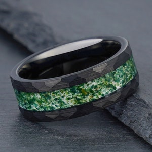 Hammered Moss Agate Ring, Black Tungsten Ring, Mens Wedding Ring, Womens Wedding Band, Anniversary Ring, Engagement Ring, Promise Ring