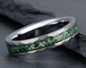 Anel de ágata musgosa, anel de tungstênio prateado martelado, aliança de casamento masculina, aliança de casamento feminina, anel de aniversário, anel de noivado, anel de 4 mm e 8 mm