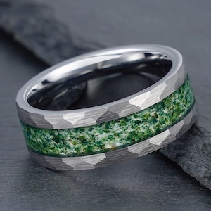 Moss Agate Ring, Hammered Silver Tungsten Ring, Mens Wedding Ring, Womens Wedding Band, Anniversary Ring, Engagement Ring, 4mm 8mm Ring