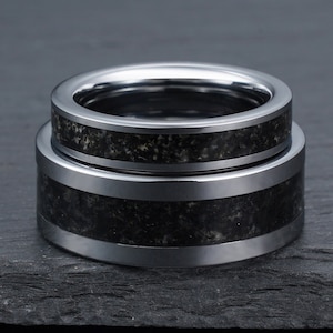 Black Obsidian Ring Set, Silver Tungsten Ring, His and Hers Wedding Ring, Wedding Band Set, Couples Ring, His and Hers Ring, 4mm 8mm Ring