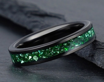 Anillo esmeralda verde, anillo de tungsteno negro, anillo de boda para hombres, banda de bodas para mujeres, anillo de aniversario, anillo de compromiso, anillo de promesa, 4 mm 8 mm