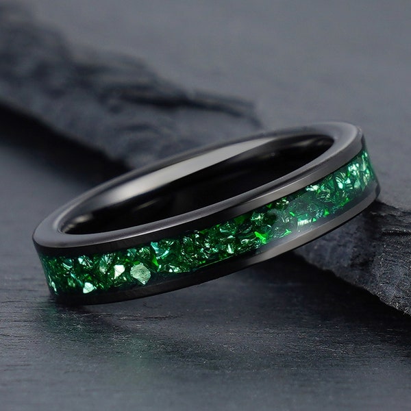 Green Emerald Ring, Black Tungsten Ring, Mens Wedding Ring, Womens Wedding Band, Anniversary Ring, Engagement Ring, Promise Ring, 4mm 8mm