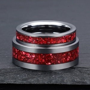 Ruby Ring Set, Silver Tungsten Ring Set, His and Hers Wedding Ring, Wedding Band Set, Couples Ring, His and Hers Ring, 4mm Ring, 8mm Ring