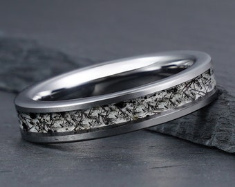Black Rutilated Quartz Ring, Silver Tungsten Ring, Mens Wedding Ring, Womens Wedding Band, Anniversary Ring, Engagement Ring, 4mm 8mm