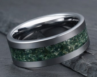 Anel de Ágata Musgosa Verde, Anel de Tungstênio Prateado, Aliança Masculina, Aliança Feminina, Anel de Aniversário, Anel de Noivado, Anel de Compromisso, 4 mm 8 mm
