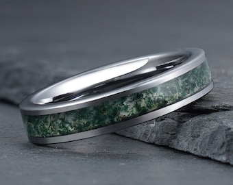 Green Moss Agate Ring, Silver Tungsten Ring, Mens Wedding Ring, Womens Wedding Band, Anniversary Ring, Engagement Ring, Promise Ring,4mm 8mm