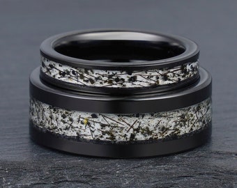 Black Rutilated Quartz Ring Set, Black Tungsten Ring, His and Hers Wedding Ring, Wedding Band Set, Couples Ring, His and Hers Ring, 4mm 8mm