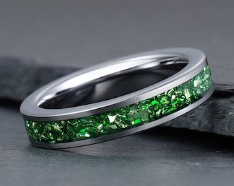 Green Emerald Ring, Silver Tungsten Ring, Mens Wedding Ring, Womens Wedding Band, Anniversary Ring, Engagement Ring, Promise Ring, 4mm 8mm