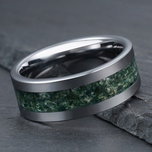 Green Moss Agate Ring, Silver Tungsten Ring, Mens Wedding Ring, Womens Wedding Band, Anniversary Ring, Engagement Ring, Promise Ring,4mm 8mm