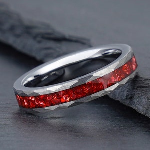 Hammered Ruby Ring, Silver Tungsten Ring, Mens Wedding Ring, Womens Wedding Band, Anniversary Ring, Engagement Ring, Promise Ring, 4mm 8mm