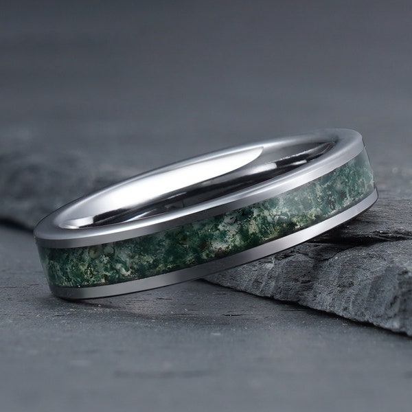 Natural Moss Agate Ring, Silver Tungsten Wedding Ring, Mens & Womens Wedding Band, Nature Ring, Anniversary Ring, Engagement Ring, 4mm 8mm