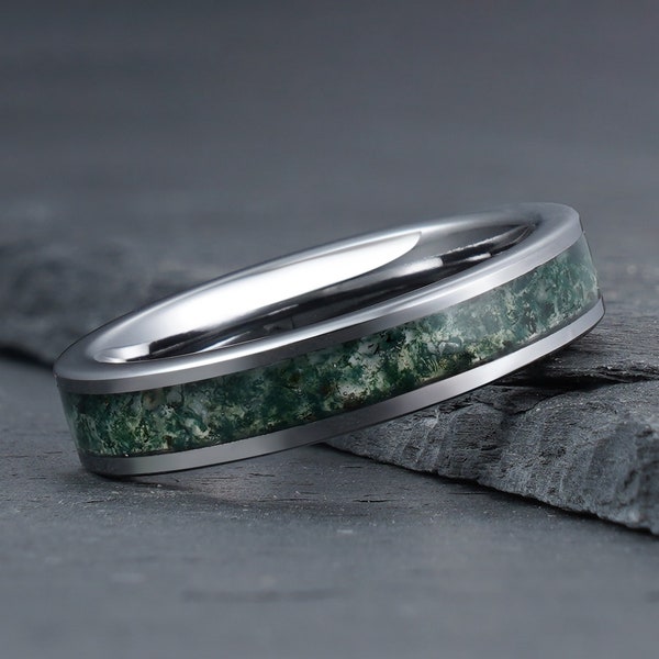 Grüner Moosachat Ring, Silber Wolframring, Ehering für Herren, Ehering für Frauen, Jahrestagsring, Verlobungsring, Versprechensring, 4mm 8mm