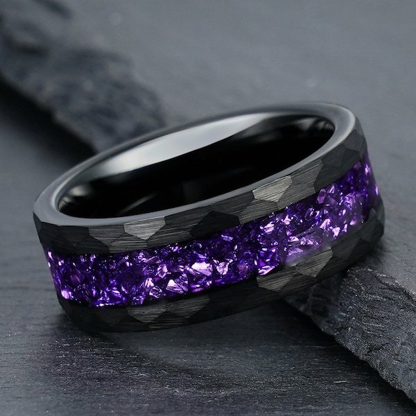Anillo de amatista martillado, anillo de tungsteno negro, anillo de boda para hombres, banda de bodas para mujeres, anillo de aniversario, anillo de compromiso, anillo de promesa, 4 mm 8 mm