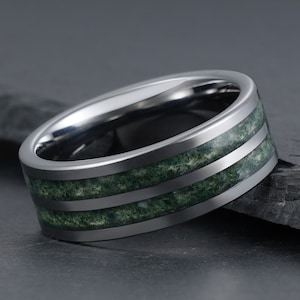 Green Moss Agate Ring, Silver Tungsten Ring, Mens Wedding Ring, Womens Wedding Band, Anniversary Ring, Engagement Ring, Statement Ring, 8mm