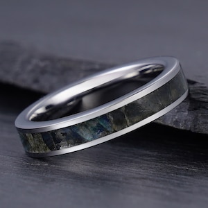Labradorite Ring, Silver Tungsten Ring, Mens Wedding Ring, Womens Wedding Band, Anniversary Ring, Engagement Ring, Promise Ring, 4mm 8mm
