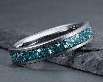 Blue Aquamarine Ring, Silver Tungsten Ring, Mens Wedding Ring, Womens Wedding Band, Anniversary Ring, Engagement Ring, Promise Ring, 4mm 8mm