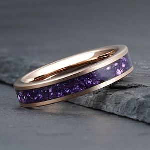 Rose Gold Amethyst Ring, Rose Gold Tungsten Ring, Womens Wedding Band, Anniversary Ring, Engagement Ring, Statement Ring, Promise Ring, 4mm