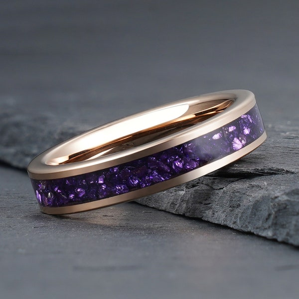 Rose Gold Amethyst Ring, Rose Gold Tungsten Ring, Womens Wedding Band, Anniversary Ring, Engagement Ring, Statement Ring, Promise Ring, 4mm