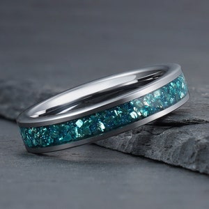 Anel de água-marinha azul, anel de tungstênio prateado, aliança de casamento masculina, aliança de casamento feminina, anel de aniversário, anel de noivado, anel de compromisso, 4 mm 8 mm