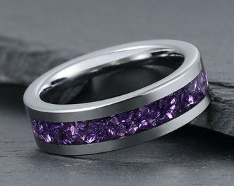 Paarse Amethist ring, zilveren wolfraam ring, heren trouwring, dames trouwring, verjaardagsring, verlovingsring, statement ring, 4mm 8mm