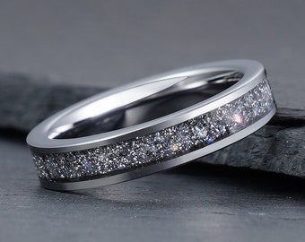 Rainbow Moonstone Ring, June Birthstone Ring, Silver Tungsten Ring, Mens Wedding Ring, Womens Wedding Band, Anniversary Ring, 4mm 8mm