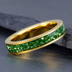 Green Emerald Ring, Gold Tungsten Ring, Mens Wedding Ring, Womens Wedding Band, Anniversary Ring, Engagement Ring, Promise Ring, 4mm 8mm