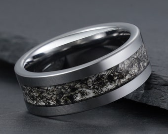Black Rutilated Quartz Ring, Silver Tungsten Ring, Mens Wedding Ring, Womens Wedding Band, Anniversary Ring, Engagement Ring, 4mm 6mm 8mm