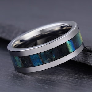 Labradorite Ring, Silver Tungsten Ring, Mens Wedding Ring, Womens Wedding Band, Anniversary Ring, Engagement Ring, Promise Ring, 4mm 8mm