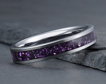 Purple Amethyst Ring, Silver Tungsten Ring, Mens Wedding Ring, Womens Wedding Band, Anniversary Ring, Engagement Ring, Promise Ring, 4mm 8mm