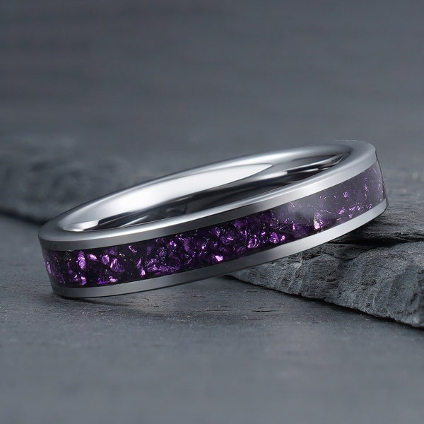 Purple Amethyst Ring, Silver Tungsten Ring, Mens Wedding Ring, Womens Wedding Band, Anniversary Ring, Engagement Ring, Promise Ring, 4mm 8mm