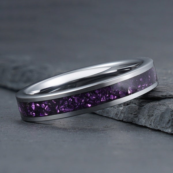 Lila ametistring, silvervolframring, vigselring för män, vigselring för kvinnor, jubileumsring, förlovningsring, löftering, 4 mm 8 mm