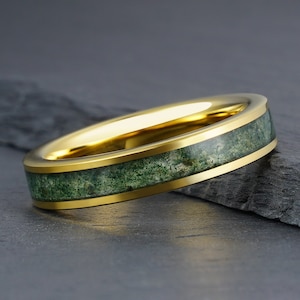 Green Moss Agate Ring, Gold Tungsten Ring, Mens Wedding Ring, Womens Wedding Band, Anniversary Ring, Engagement Ring, Promise Ring, 4mm 8mm