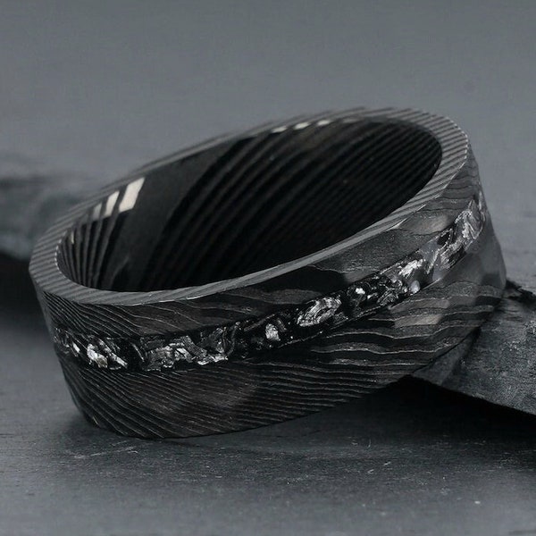 Meteorite Ring, Damascus Steel Ring, Hammered Black Ring, Black Damascus Ring, Mens Wedding Ring, Mens Wedding Band, Mens Ring, 8mm Ring