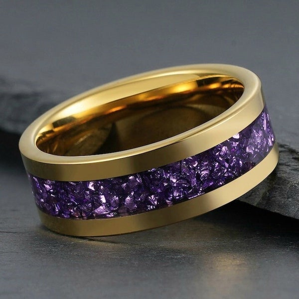 Gold Amethyst Ring, Gold Tungsten Ring, Mens Wedding Ring, Womens Wedding Band, Anniversary Ring, Engagement Ring, Promise Ring, 4mm 8mm