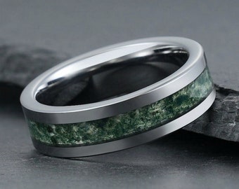 Green Moss Agate Ring, Silver Tungsten Ring, Mens Wedding Ring, Womens Wedding Band, Anniversary Ring, Engagement Ring, Promise Ring,4mm 8mm