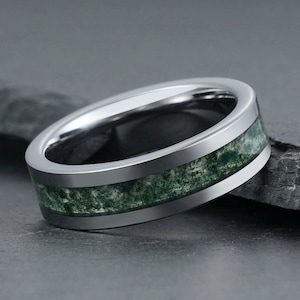 Green Moss Agate Ring, Silver Tungsten Ring, Mens Wedding Ring, Womens Wedding Band, Anniversary Ring, Engagement Ring, Promise Ring,4mm 8mm