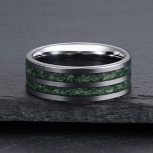 Green Moss Agate Ring, Silver Tungsten Ring, Mens Wedding Ring, Womens ...