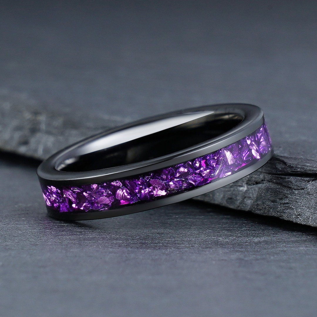 Purple Amethyst Ring, Black Tungsten Ring, Mens Wedding Ring, Womens ...