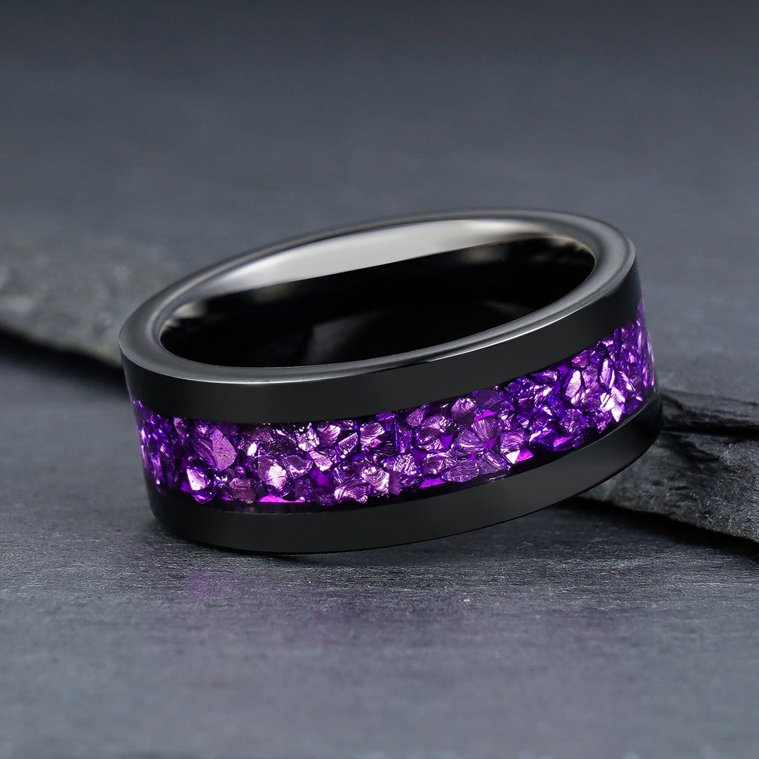 Purple Amethyst Ring, Black Tungsten Ring, Mens Wedding Ring, Womens ...