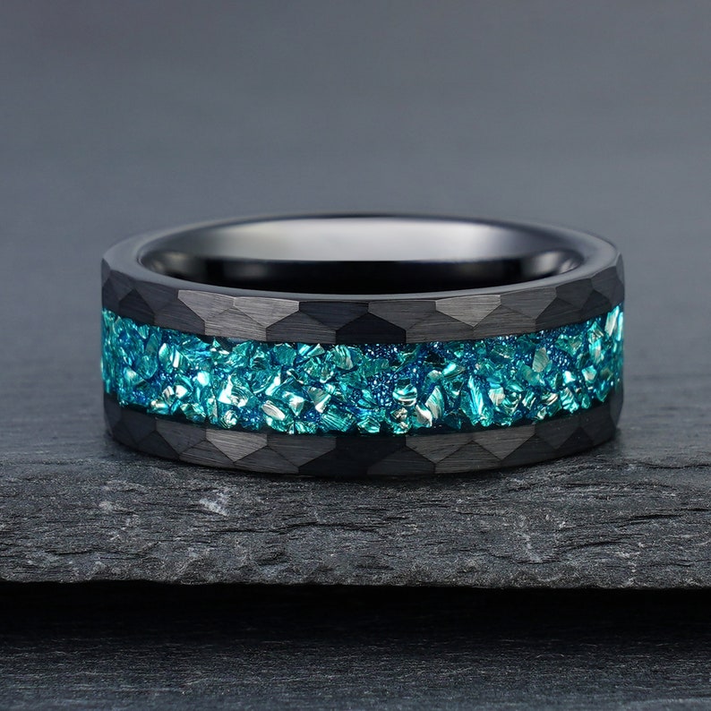 Hammered Aquamarine Ring, Black Tungsten Ring, Mens Wedding Ring ...