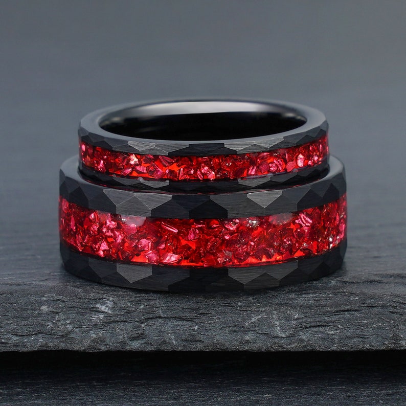 Ruby Inlaid Wring Hammered Red Ruby Ring Set, Black Tungsten Ring, His and Hers Wedding ...
