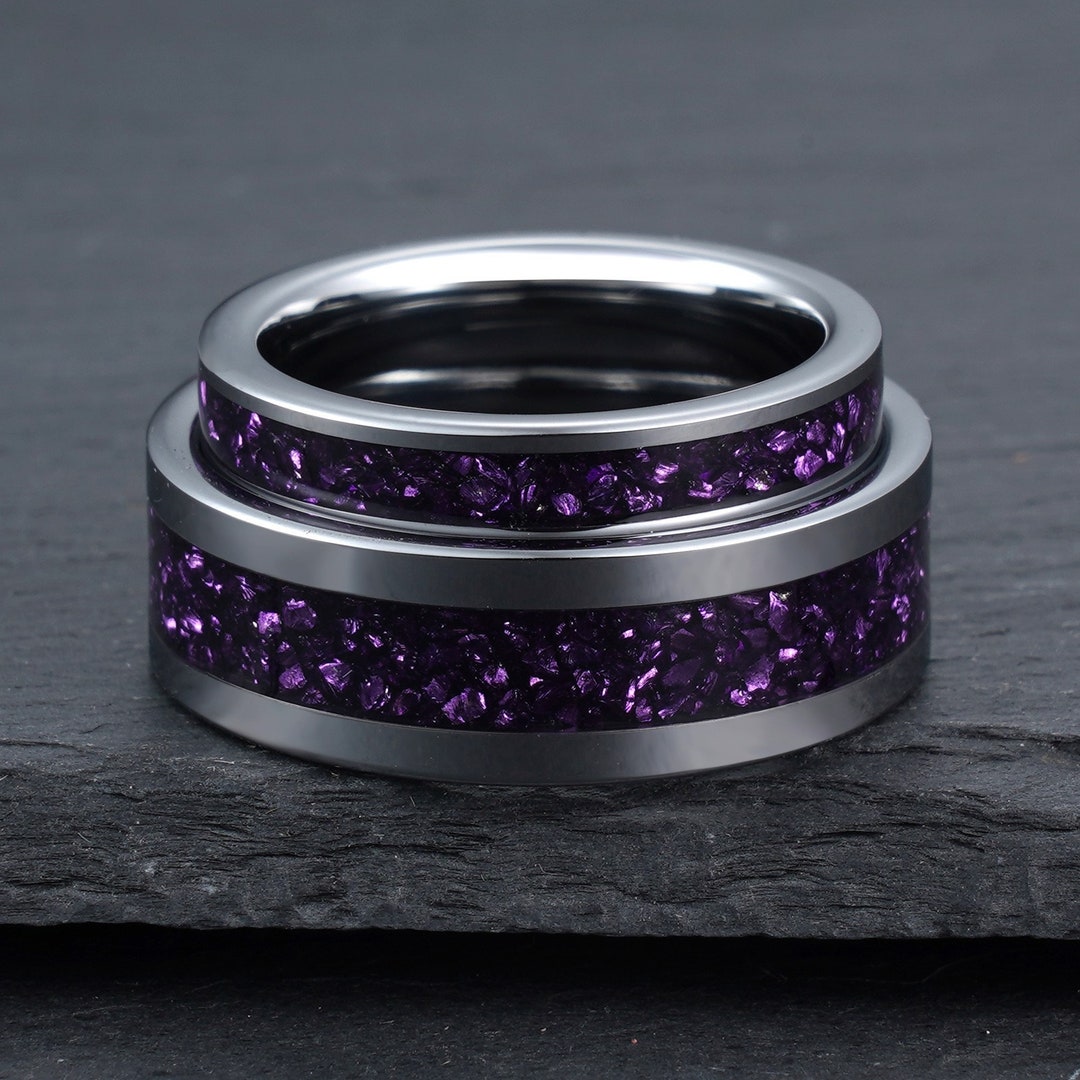 Purple Amethyst Ring Set, Silver Tungsten Ring, His and Hers Wedding