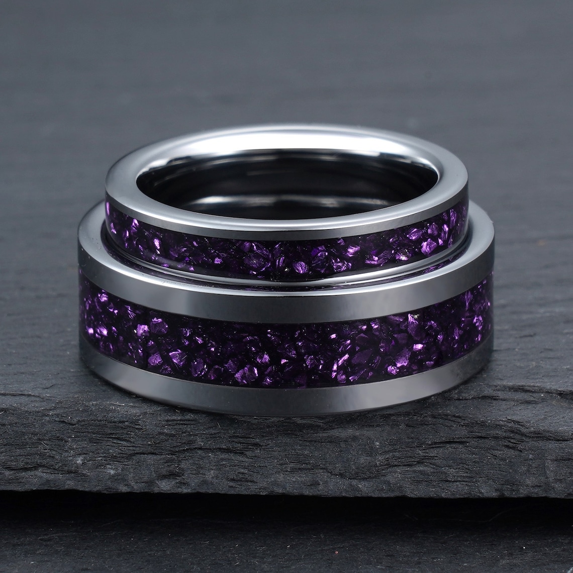 Purple Amethyst Ring Set Silver Tungsten Ring Matching Rings image 1