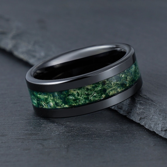 Green Moss Agate Ring, Black Tungsten Ring, Mens Wedding Ring