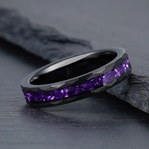 Hammered Amethyst Ring, Black Tungsten Ring, Mens Wedding Ring