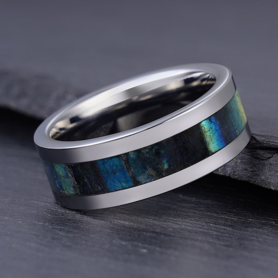 Labradorite Ring, Silver Tungsten Ring, Mens Wedding Ring, Womens