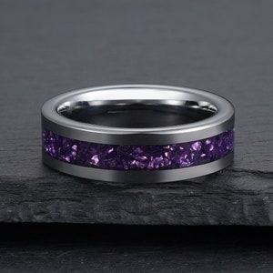Purple Amethyst Ring Silver Tungsten Ring Mens Wedding Ring - Etsy