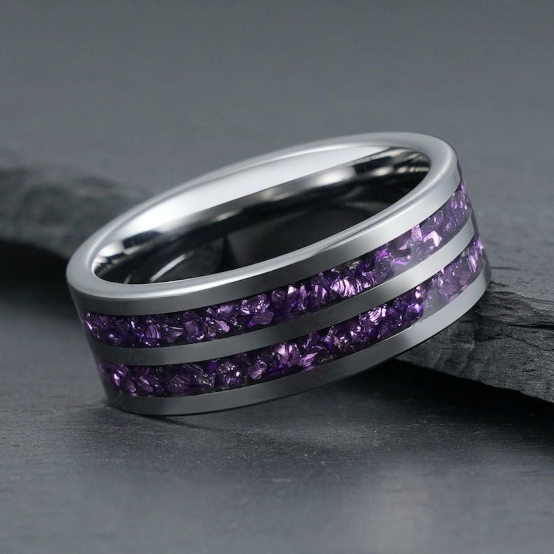 Purple Amethyst Ring Silver Tungsten Ring Mens Wedding Ring - Etsy